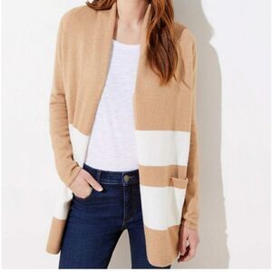 LOFT Long Line Open Cardigan in Tan and White Stripe Size M